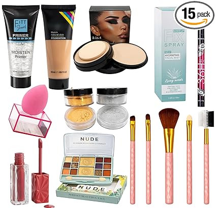 Complete 15-Piece Professional Makeup Combo Kit for Women & Girls - Beauty Set includes Primer, Foundation, 12-Color Eyeshadow Palette, Makeup Fixer, Eyeliner, Liquid Lipstick, 2-in-1 shimmer glitter, powder compact, Beauty Blender & 5-Piece Brush Set