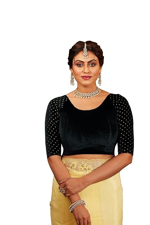 Women's Viscose Velvet Reglan Readymade Saree Blouse with Round Neck Half Sleeves Solid Pattern Regular Fit Pull On Closure and Knit Weave