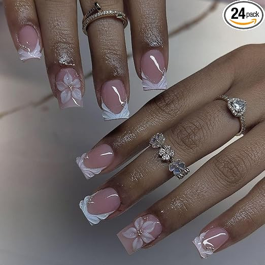 Press On Nails, 3D White Floral Design, Soft Nude Pink Wearable Nails, For Special Occasions, 24 Pcs Set with Application Tools
