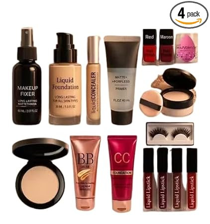 Glam Full Makeup Combo Set - Professional Cosmetics Kit with Foundation, Primer, Lipsticks & Fixer
