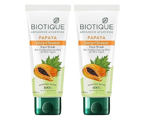 Biotique Papaya Deep Cleanse Face Wash | Gentle Exfoliation | Visibly Glowing Skin | 100% Botanical Extracts| Suitable for All Skin Types | 2x100ml