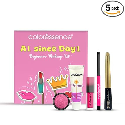 Coloressence A1 Since Day1 Beginners Makeup Kit, Pack of 5 Premium Products (Liquid Lipstick, Kajal, Eyeliner, Eyeshadow, Primer)