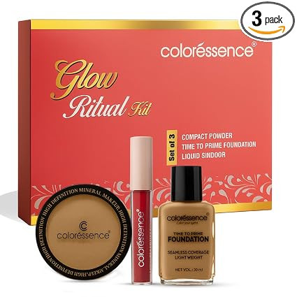 Coloressence Glow Ritual Makeup Kit, Dusky Skin Tone, Pack of 3 Products (Compact Powder, Foundation & Liquid Sindoor)