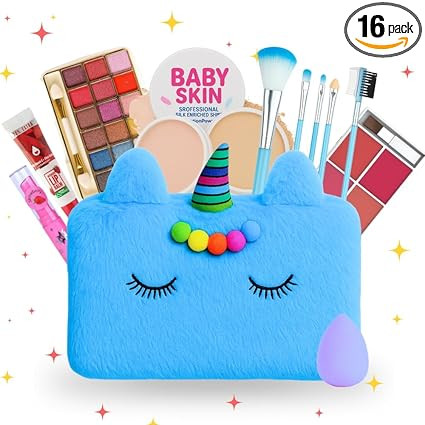 Real Makeup Kit for Girls & Teens – 16 PCS Safe & Washable Beauty Set with Unicorn Blue Fur Bag – Non-Toxic Cosmetics for Ages 7–16 – Gift Set with Brushes, Lip Gloss, Blush & More