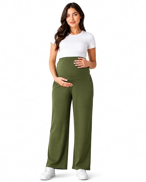 Women's Maternity Track Pants | Soft Cotton Pregnancy Pants with Over Belly Support | Stretchable Full Length Maternity Bottom Wear | Olive Green