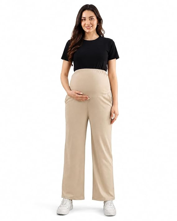 Women's Maternity Track Pants | Soft Cotton Pregnancy Pants with Over Belly Support | Stretchable Full Length Maternity Bottom Wear | Beige
