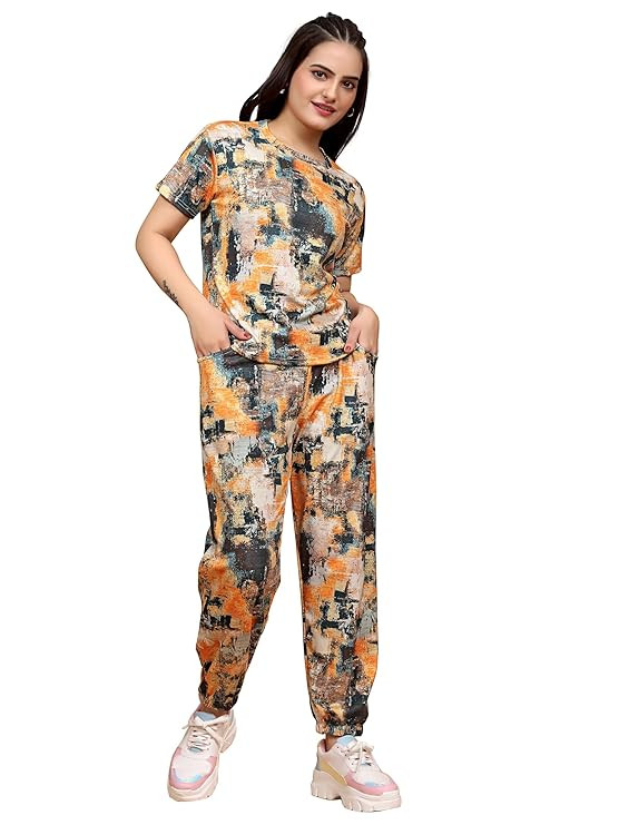 Women's Printed Polyester NightSuit Set, Stretchable Night Suit and Gym Outfit with Side Pockets