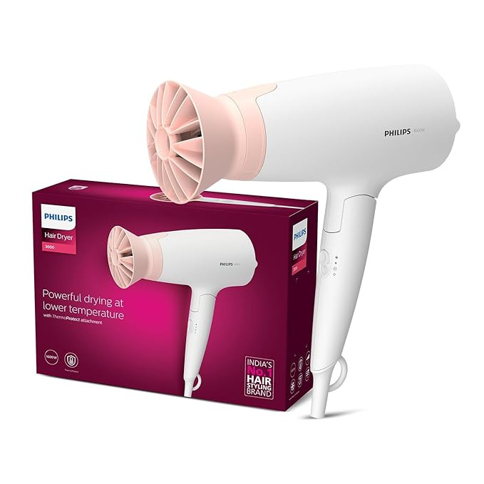 Philips Foldable Hair Dryer 1600 Watts| Powerful Salon-like Blow Drying with Less Heat | 3 Heat Settings with Cool Shot (Hot/Cool/Warm) | ThermoProtect Airflower Attachment- Pink | BHD308/30 - White | Perfect Blow Dry & Style for Men and Women | 2 years W