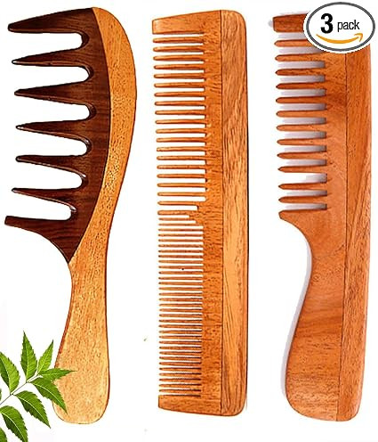 Handcrafted Wooden Comb Set for Women & Men | Neem Wood for Hair Growth |Dandruff Remover (Pack of 3)