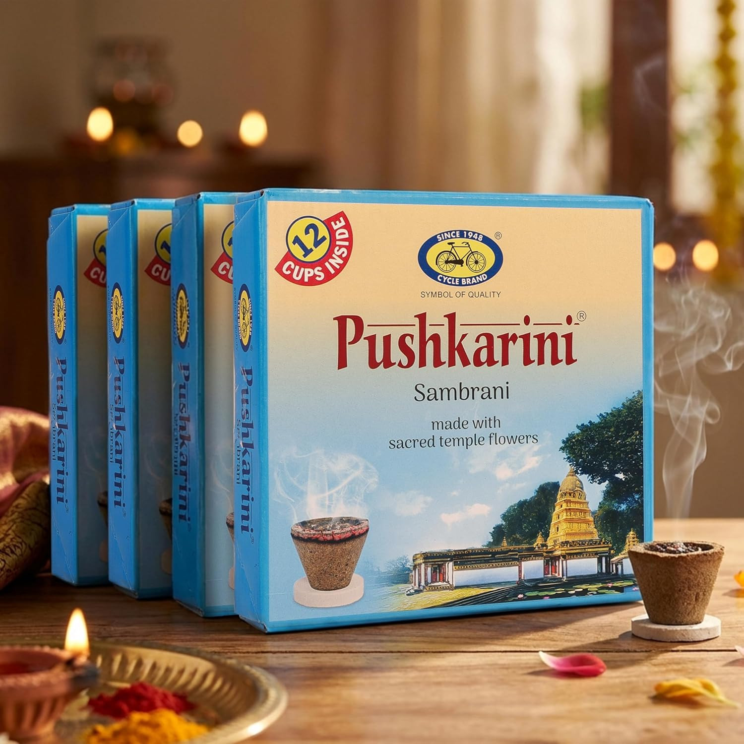 Cycle Pure Pushkarini Sambrani Dhoop Cups for Pooja (48 pcs) | Havan Cups for Pooja, Home & Festivals | Guggal/Loban Dhoop Original | Flowers Fragrance | Pack of 4 (12 Cups/pack + 1 burner plate/pack)