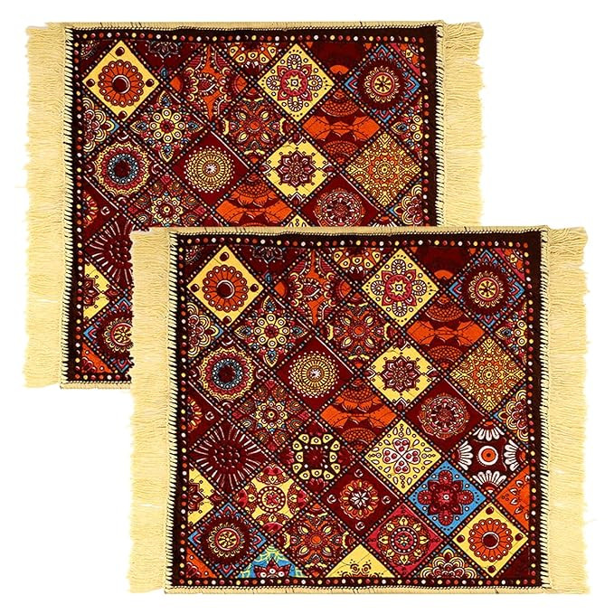 Kuber Industries Velvet Prayer Mat - Meditation Carpet, Pooja Aasan, Rangoli Square, Traditional - Small, Pack of 2, Multicolor
