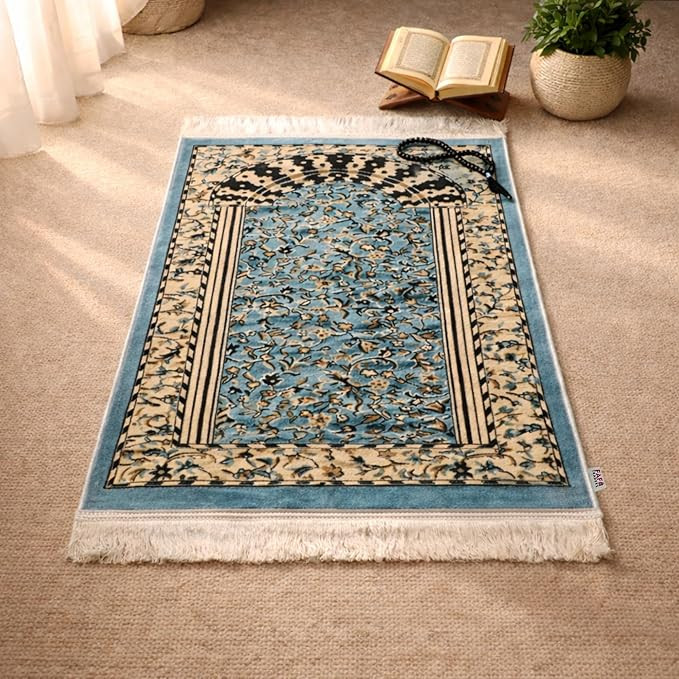 Turkish Premium Velvet Janamaz Prayer Mat | Soft Thick Mussalla Namaz Mat for Muslims | Anti-Slip Base & Elegant Turkish Design | Comfortable Muslim Prayer Mat for Salah & Namaz (Blue)