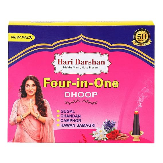 Hari Darshan 4 in 1 Pure Dhoop Batti Combo | 192 Natural | Long-Lasting Organic for Meditation | Four Fragrances – Gugal Chandan Camphor Hawan Samagri | Pack of 12 (16 Each)