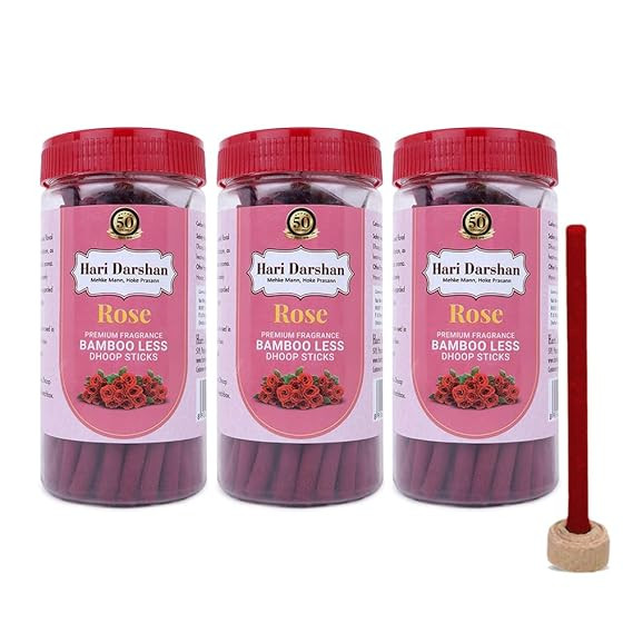 Hari Darshan Rose Dhoop Sticks | Bambooless Organic Batti with Holder | Natural Long Lasting Fragrance | Ideal for Pooja Meditation Home Aroma | Pack of 3-125g Each