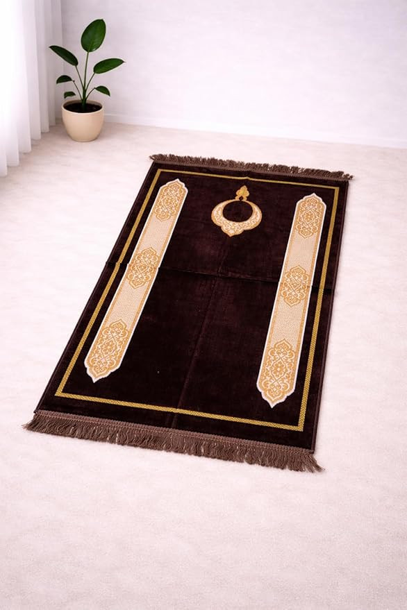 Premium Turkish Velvet Janamaz Prayer Mat | Soft & Luxurious Namaz Aasan | Non-Slip Janamaz Prayer Mat for Daily Salah | 44x27 Inch (Dark Brown)