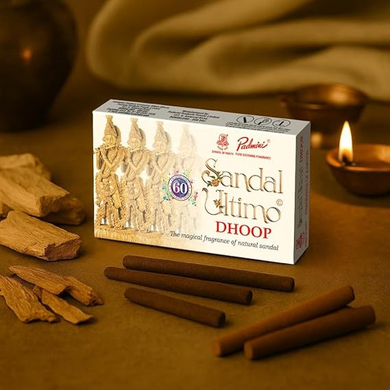 Padminii Sandal Dhoop Ultimo | XL Size - 4" Long - 1/4" Thick (Classic Dhoop 4 Pack - 60 Sticks) Premium Low-Smoke Deep Floral Dhup for Meditation, Prayer & Relaxation