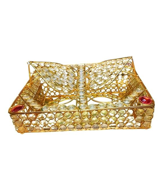 Fancy Rectangular Holy Quran, Religious Book Box with Rehal Stand, Metal & Crystal Beads, Golden, 31x23x11 cm