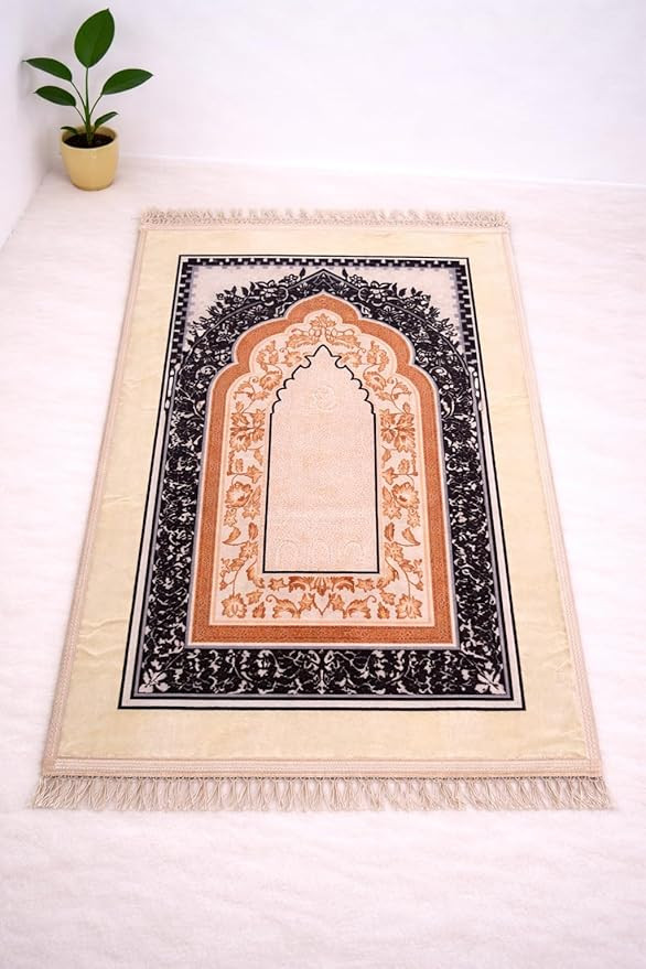 Prayer Mat – Turkey Soft Velvet Namaz Mat | Premium Aasan for Daily Salah, Namaz, Comfortable & Durable Prayer Mat | 44x27 Inch, Printed - Cream