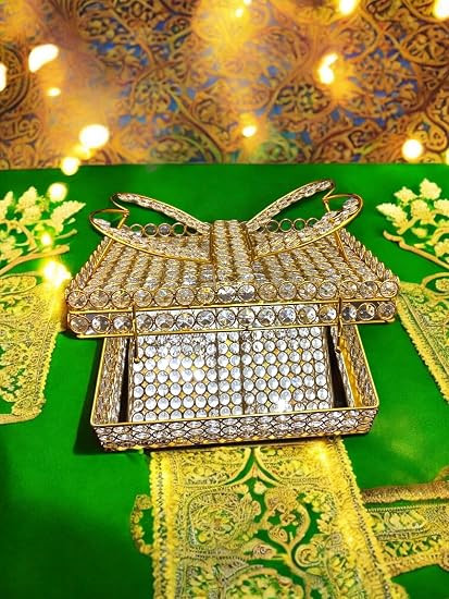 Iron Frame Holy Religious Book Reading Holder Stand | Golden Toned with Crystal Glass Beads | Quran Sharif Rehel Holder for Bride & Gifting Purpose | Size: 12 Inch, Pack of 1