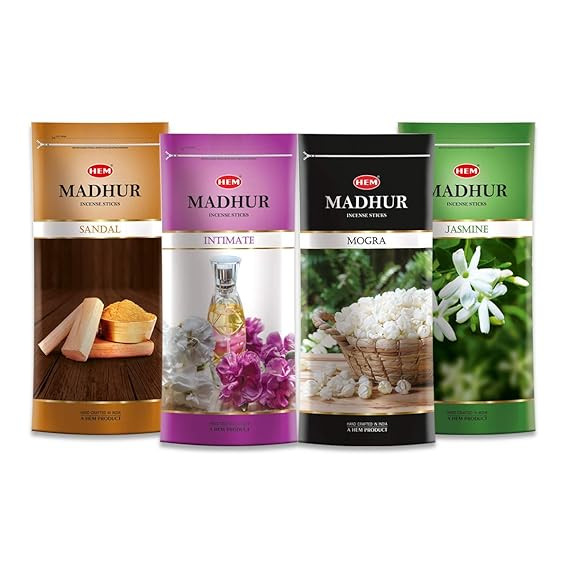 Hem Madhur Incense Sticks Combo of 4 Fragrance Pack of 4 (135 GMS Each) - Jasmine, Mogra, Sandal & Intimate - Pooja Room Items for Aromatic Environment