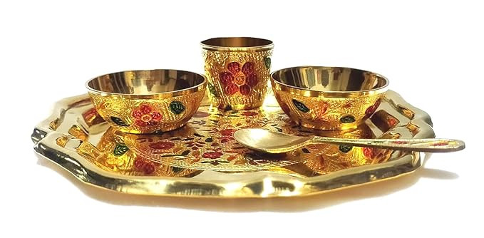 Achleshwar Brass Laddu Gopal Bhog Set Pooja Thali Set 5 Piece Dessert Plate Bowl Glass Spoon Combo | Temple Pooja Offering Set Gold Standard Size