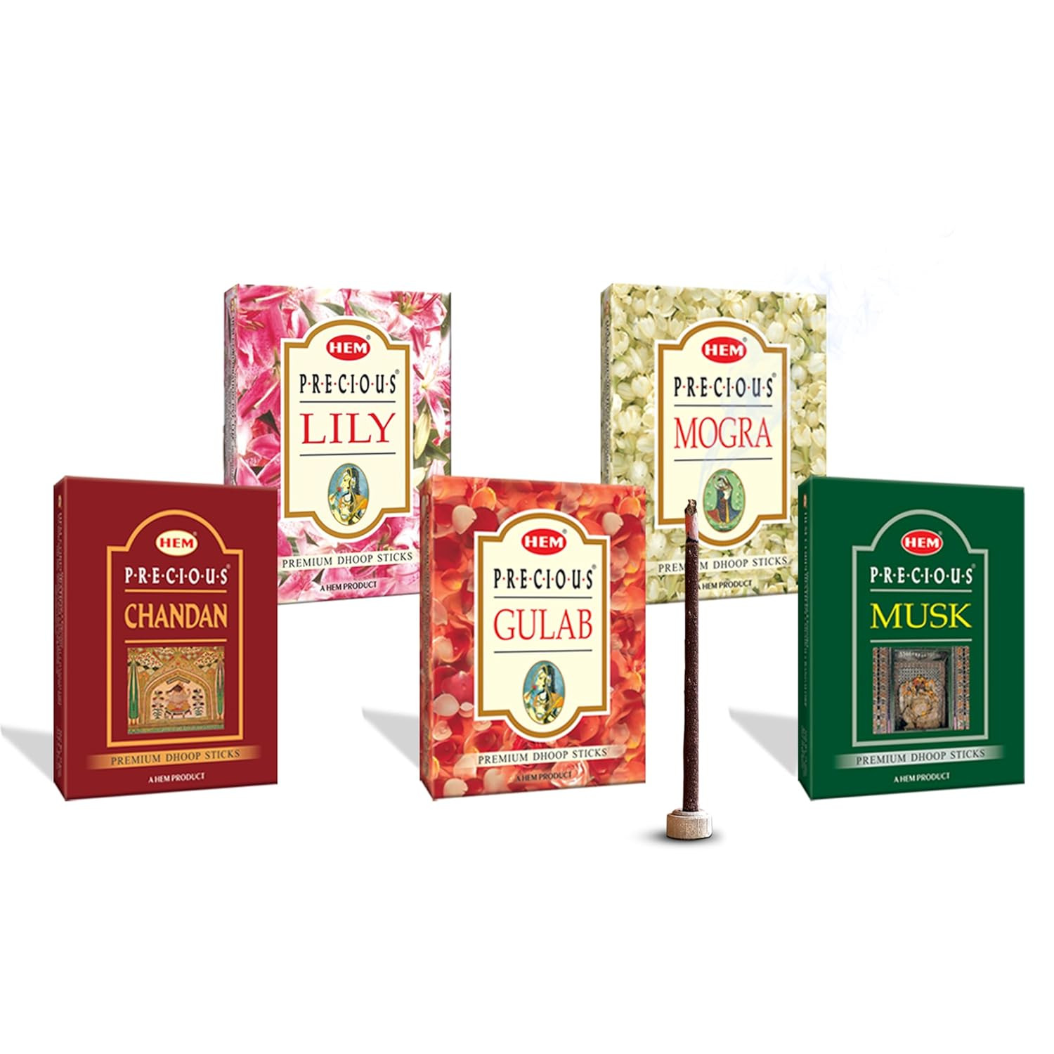 HEM Precious 5 Variant Assorted Incense Dhoop Sticks Set of 2 | 5 Packs of 60g Each per Set | Fragrances - Chandan, Gulab, Mogra, Lily & Musk | Pooja Room Items for Home & Prayers | Pack of 5