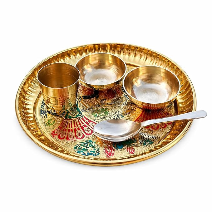 Pure Brass Bhog Thali Set 5 Inch – 5 Pcs Mayur Peacock Design | Laddu Gopal Kanha Ji Pooja Plate with 2 Katori Bowl, Glass & Spoon | Pital Bhog Bartan for Home Mandir Janmashtami