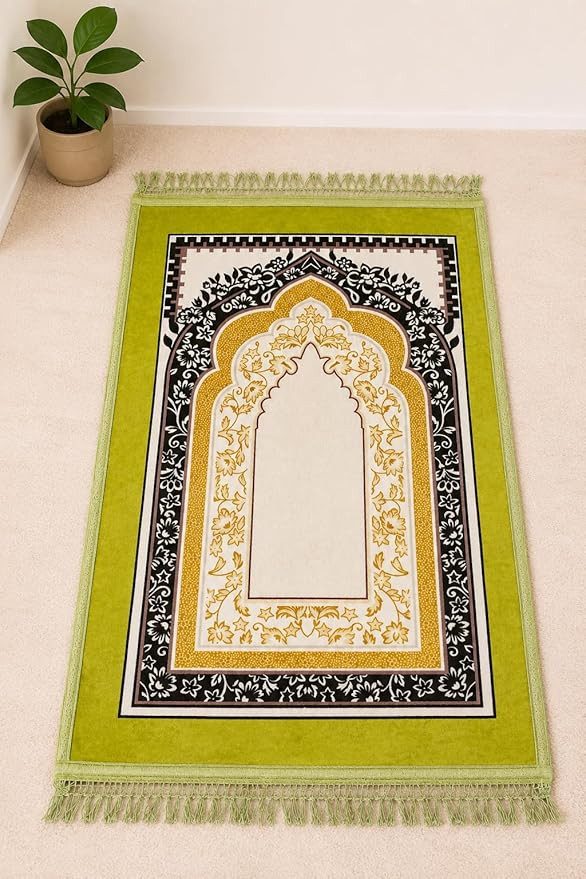 Prayer Mat – Turkey Soft Velvet Namaz Mat | Premium Aasan for Daily Salah, Janimaz Namaz, Comfortable & Durable Prayer Mat |44x27 Inch, Printed - Light Green