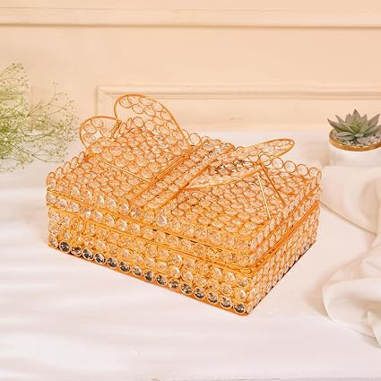 Elegant Crystal Quran Rehal with Mirror – Decorative Islamic Book Holder | Golden Metal Frame | 30x24x10cm