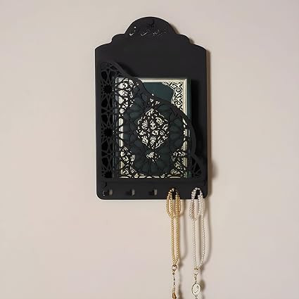 Islamic Wall Mount Quran Stand, Metal Prayer Book Holder, Decorative Display Shelf Islamic Wall Mounted Quran Holder with Tasbih Hooks Elegant Quran Book Holder (Black)