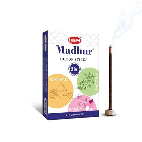HEM Madhur 3-in-1 Dhoop Sticks-Pack of 3 | Bambooless & Charcoal-Free | Sandal, Mogara & Fancy Fragrances For Sacred Rituals, Meditation, Relaxation | Long-Lasting | Approx 96 Sticks | Burns 35-40 Min