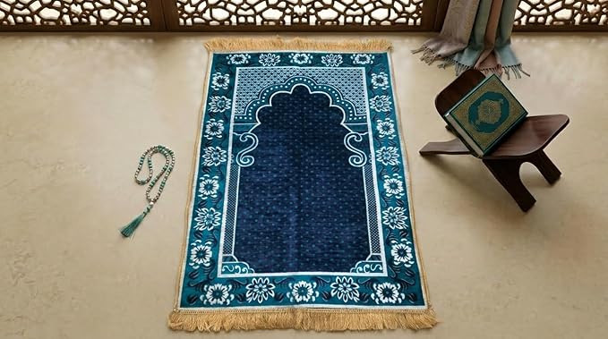 Premium Velvet Janamaz - Ultra Soft 4 x 2 feet Large Prayer Mat for Namaz with Anti-Slip Backing | Luxury Islamic Gift Washable foldable travel Muslim Sajadah Rug for Living room & Bedroom (BLUE)