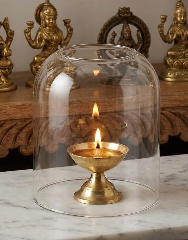Curved Transparent Borosilicate Glass Shade for Tealight Diya | Decorative Diya Cover for Mandir, Pooja, Bedroom & Home | Gift Accessory | 3 inches Height, 2.7 inches Width | Pack of 1