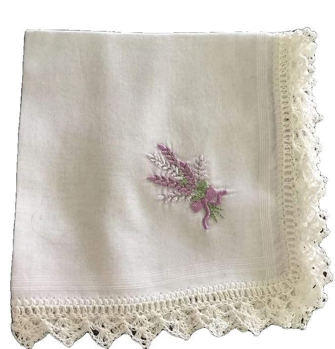embroidered cotton handkerchief for women set of 2 white floral rumal with lace edging & variety motifs (rose, tulip, lavender) - soft absorbent & reusuable gift for ladies.