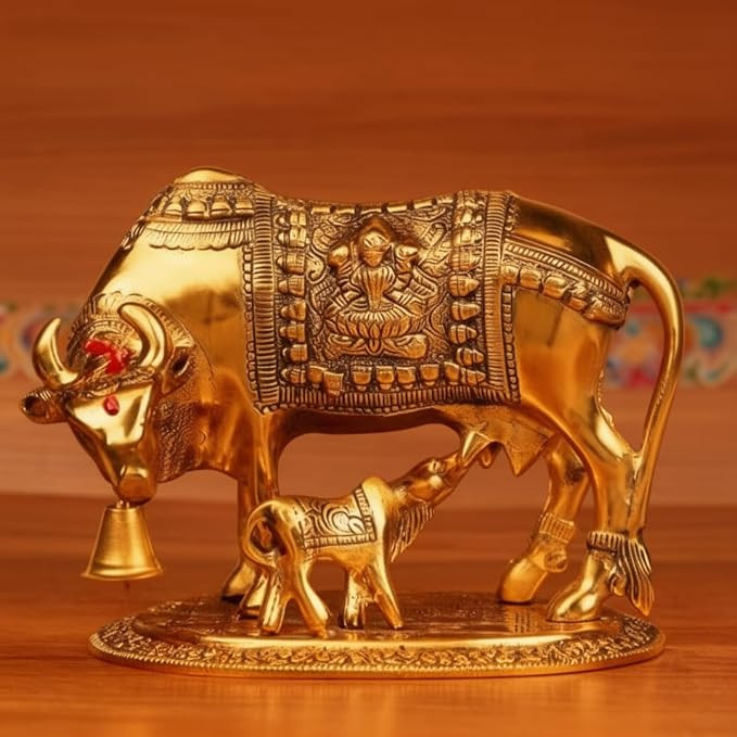 Kamdhenu Cow with Calf Idol – Kamdhenu Murti for Home Decor & Pooja | Gau MATA Idol, Spiritual & Vastu Showpiece | Golden Antique Finish Cow and Calf Statue | Hindu Religious Gift, Housewarming