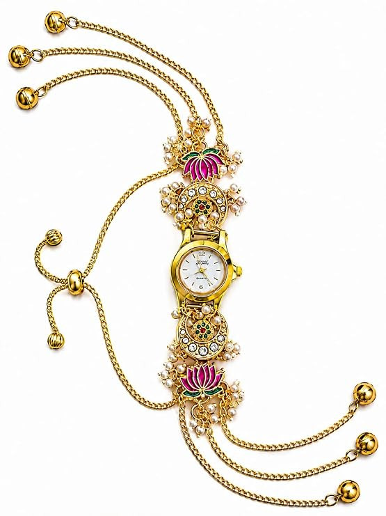 Kashmiri Watch for Girls and Women. Elegant Kashmiri Style Ladies Wrist Watch – Traditional Meenakari Design with Chain & Pearl Detailing