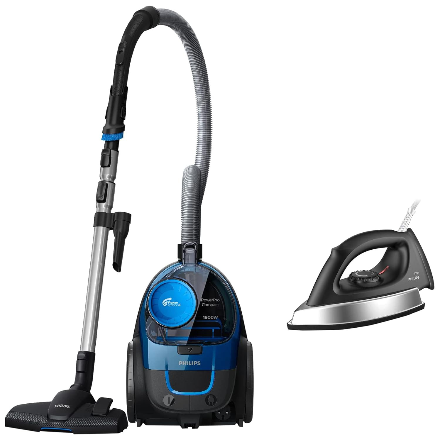 PHILIPS Powerpro Fc9352/01 Compact Bagless HEPA Vacuum Cleaner (Blue) Gc181 Heavy Weight 1000-Watt Dry Iron (Black)
