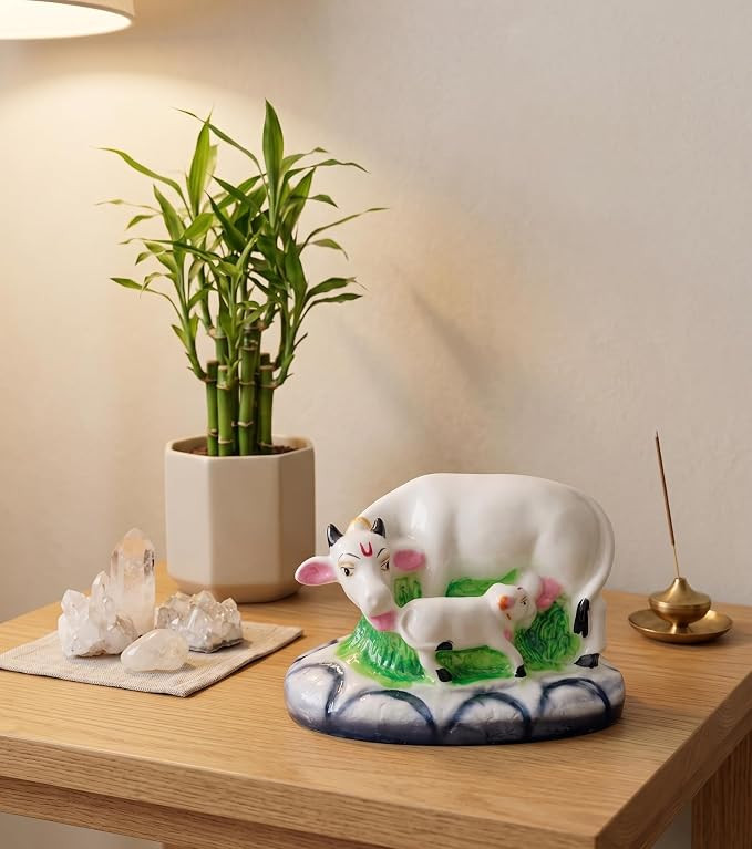 Premium Polyresin Kamdhenu Cow and Calf Idol with Glossy Marble Finish | Decorative Gau MATA Statue for Home Temple, Puja Mandir, Home Decor & Gifting