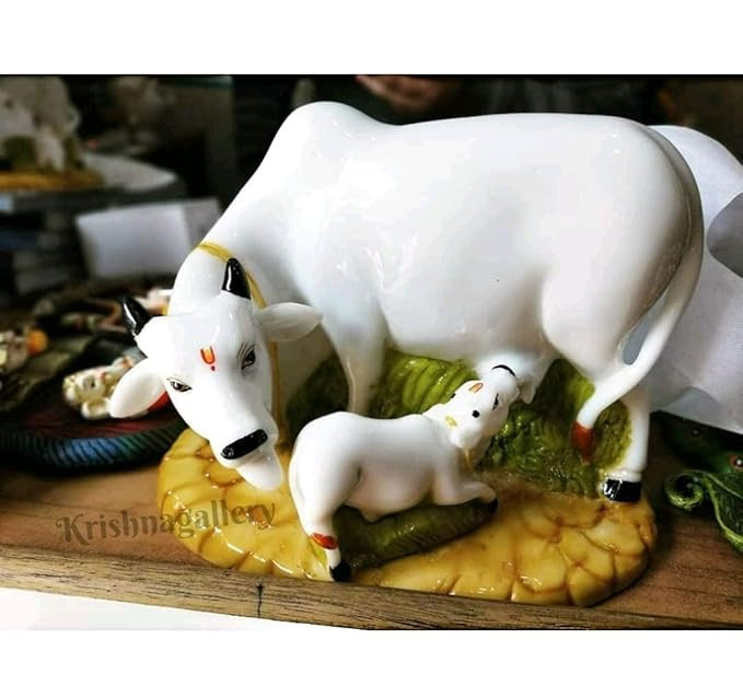 Marble Cow with Calf Statue for Pooja Room Home Decor Idol, Multicolor, 13 cm, 10 cm