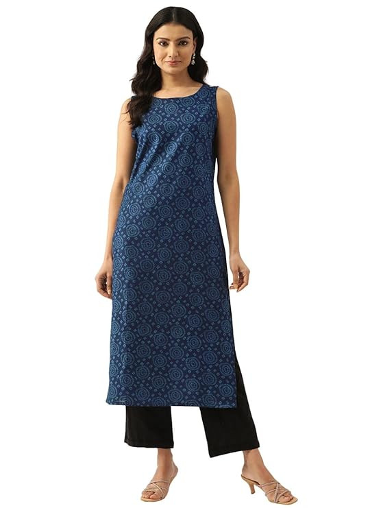 Unique Printed Round Neck Sleeveless Long Straight KurtiUnique Printed Round Neck Sleeveless Long Straight Kurti