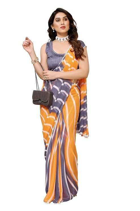 Readymade Pleated Pre Drape Stitched Floral Printed Georgette Saree For Women's With Lace Border & Blouse(Ready To Wear One Minute)