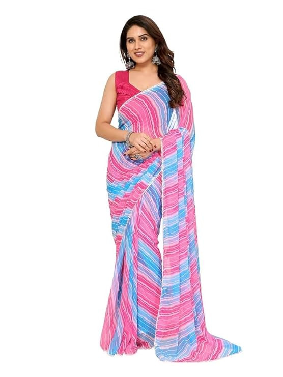 Georgette Printed Readymade Pleated Pre Drape Stitched Printed Bollywood Style Sarees With Lace Border & Blouse(Ready To Wear One Minute Saree)