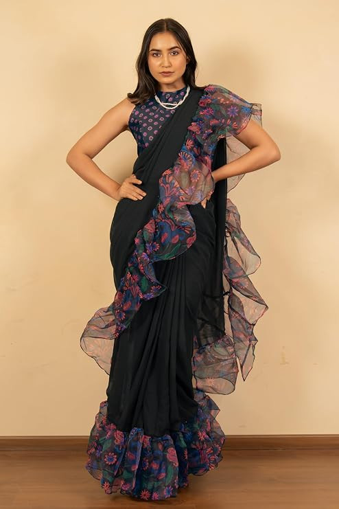 Women's Georgette Floral Ruffle Printed Solid Ready to Wear 1 Min Drape Saree with Blouse Piece