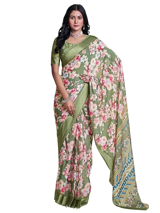 Women's Georgette Floral Printed & Satin Border Ready To Wear One Minute Pre Stitched Saree with Unstitched Blouse Piece