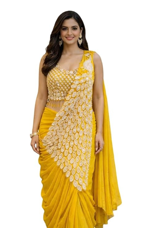 Ready to Wear Saree for Women with Embroidered Blouse and Koti Style Pallu - Crepe Silk Pre Stitched Saree with Sequins Cording Work for Wedding Party Festive