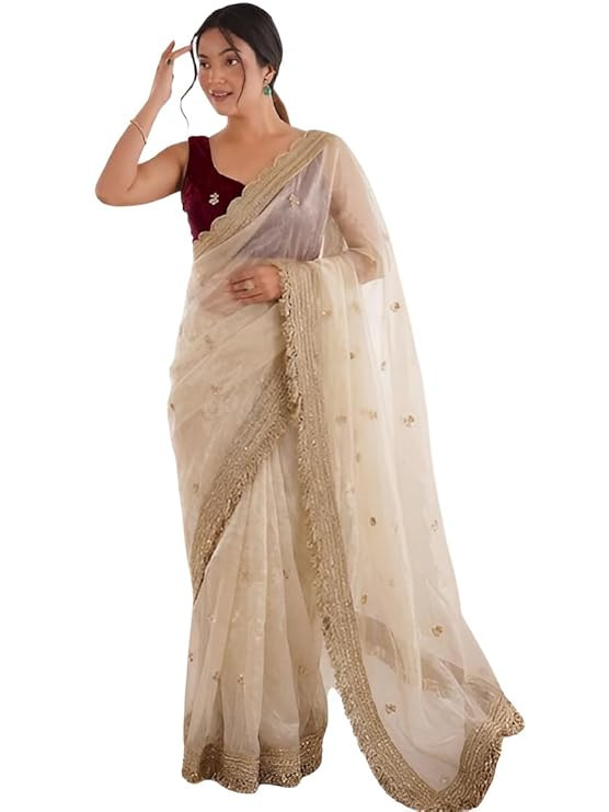 Women's Soft Fabric Ready Pleated Saree with Elegant Embroidery Work, Lace Border & Contrast Embroidered Unstitched Blouse