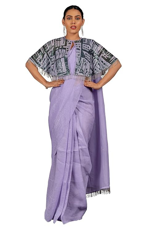 Women Ready to Wear Farewell Shimmer Chiffon Solid Pre stitched Ready Pleated 1 Min Drape Saree with Sequins Cap & Blouse Piece