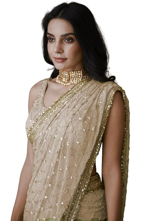 Women Soft Net Silk Jari Square Shape Embroidery & Sequence Work Saree With Unstiched Blouse(6097)