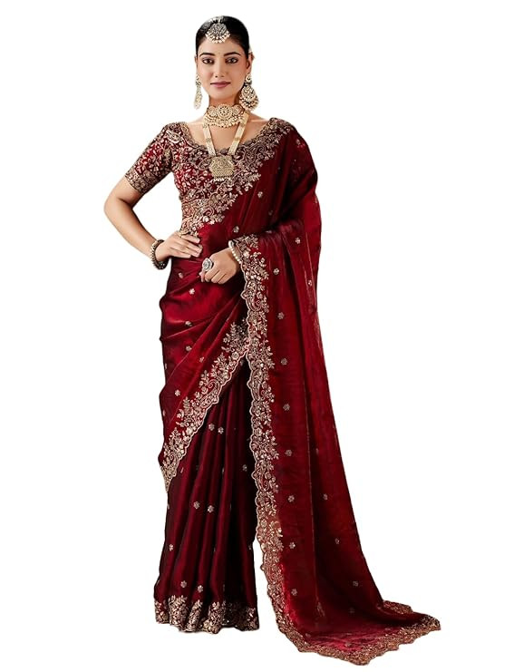 Maroon Silk Satin Bridal Saree with Gold Zari Sequence Embroidery, Scalloped Border, Embroidered Blouse