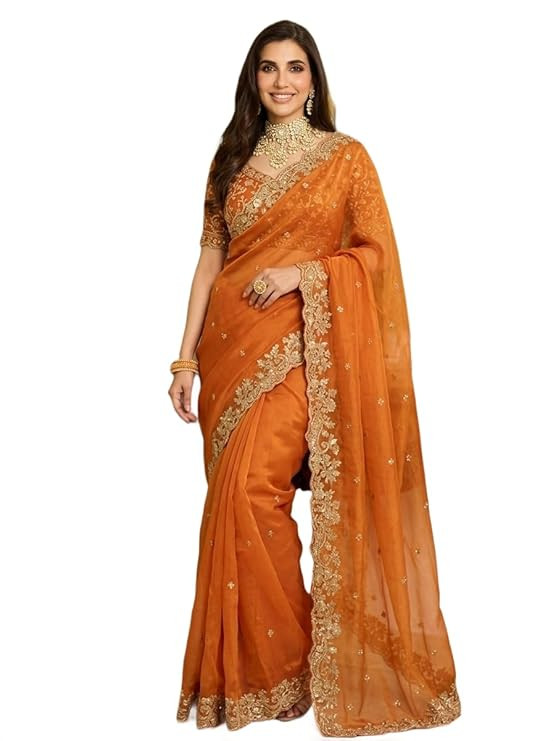 Women's Organza Silk Saree with Unstitched Blouse Piece Heavy Embroidery Work and Floral Pattern | Womens Sarees for Weddings | Party and Festivals Sari for Woman | Latest Silk Saree